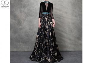 China Birds Pattern Black Long Sleeve Ball Gown Blue Diamonds Beaded Back Hollow on sale