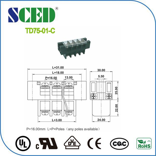 Power Distribution Terminal Block Connector 16.00mm Electrical Brass Conduction Board