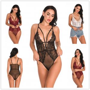 China See Through Lace Burgundy Lingerie Bodysuit Sexy Women Jumpsuit Black White Sheer on sale