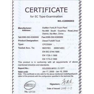 Xiamen XGMA Machinery Equipment Co., Ltd. Certifications