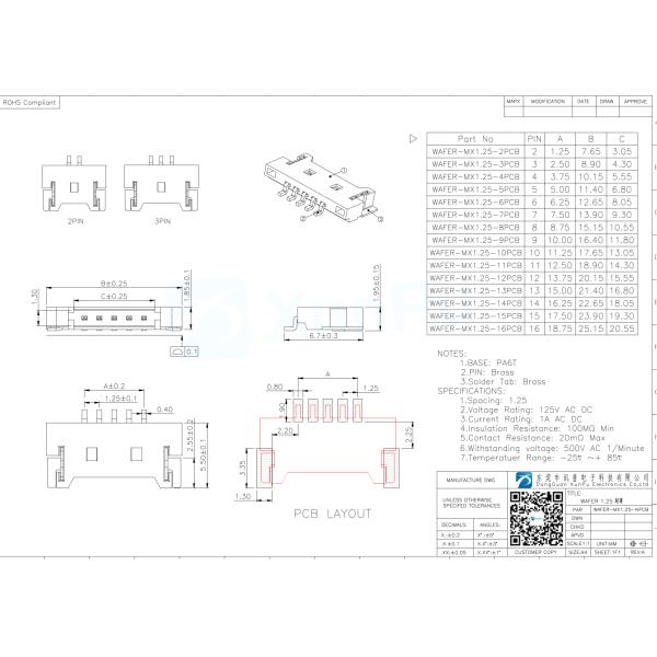 XUNPU Surface Mount PCB Board WAFER-MX1.25-6PCB for Signal Amplification Filtering