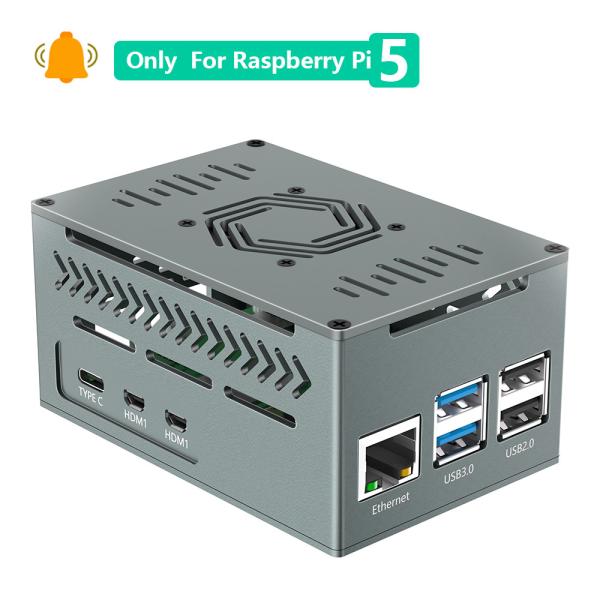 Raspberry Pi 5 Aluminum Case with 4010 PWM Fan and Copper Heatsinks Support