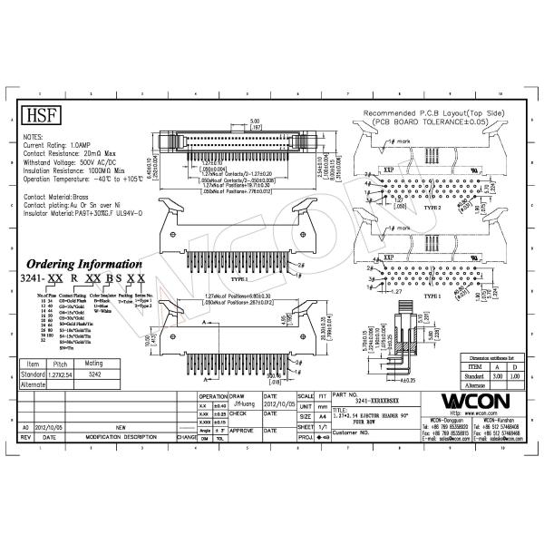 1.27*2.54mm latch header connector 60 pins brass PA9T mating with 5242