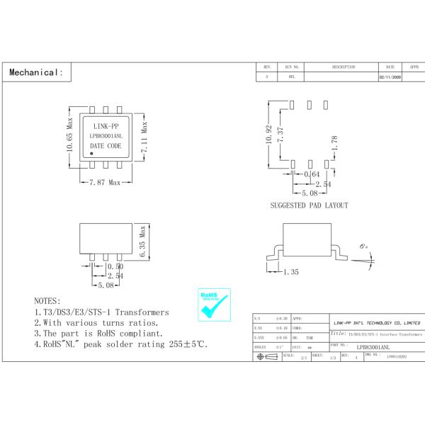 T3001 / T3001NL Discrete Telecom Transformer T3 / E3 LPB83001ANL Surface Mount