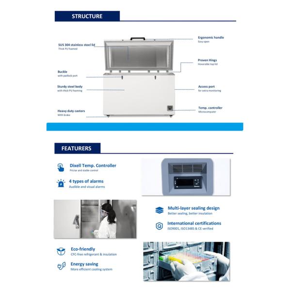-86ºC Self-Cascade System 485L Ultra-Low Temperature Chest Freezer for Laboratory & Hospital Use