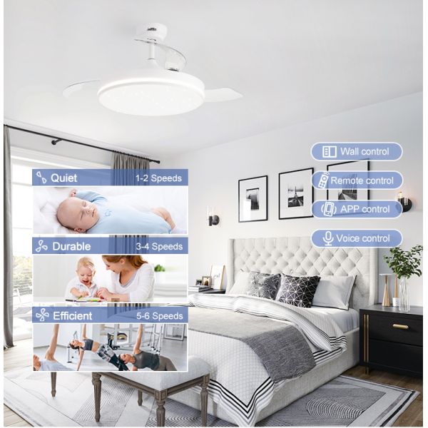 Modern 42-Inch Invisible Ceiling Fan Mdash Featuring A Starry Lampshade And 3-Color LED Lighting