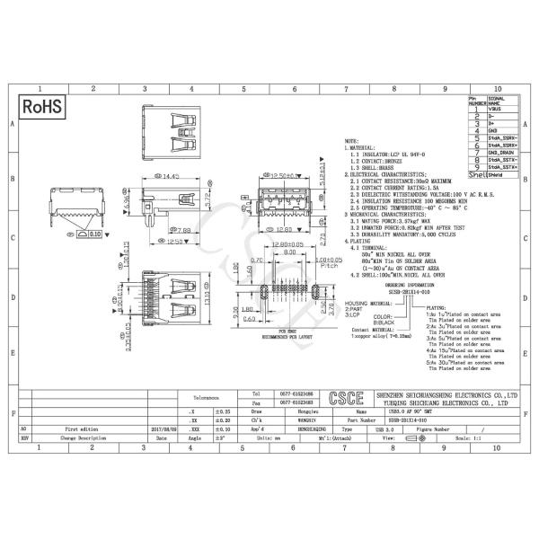 SMT Solder Mini USB Connector , Offset USB Solder Connector Bronze Contact Material