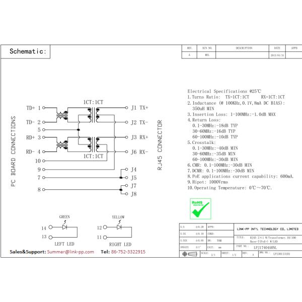 2x1 Stacked Rj45 Connector 82G-1407GYD2NL with 10 / 100Base-T POE+ LPJ17404AHNL