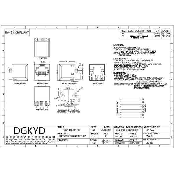 DGKYD52241188GWA3D1Y1027 8P8C RJ45 Socket 180 Degree Direct Socket Interface