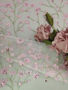 China Pink Flower Lace Fabric OEM Embroidery 3D Sequin Lace Fabric for Dress on sale