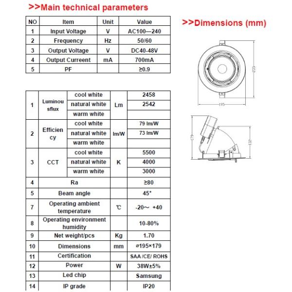 ceiling hole size dia 170mm Epistar led shop lighter with IP grade 20