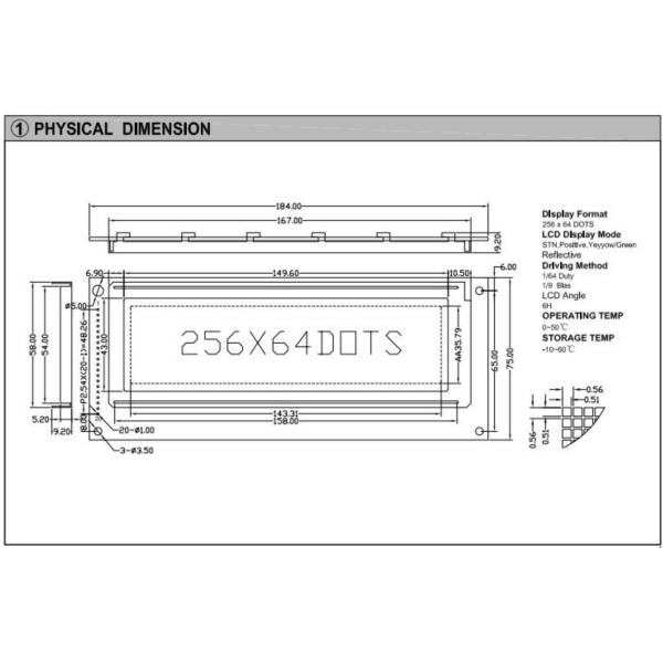 256*64 Graphic LCD Module STN Yellow Green 6H Positive Industrial Display