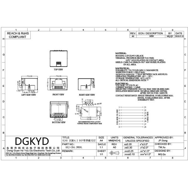KRJ-CB4.2WDNL sinking plate RJ45 connector DIP with shielding, no light, no filter network port