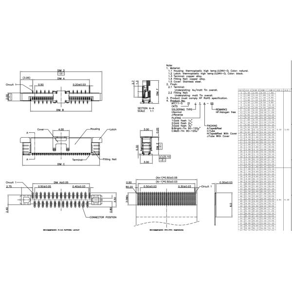 0.5mm ZIF S/A Reverse Type Electrical Wire Connectors Relative Humidity 90% Max