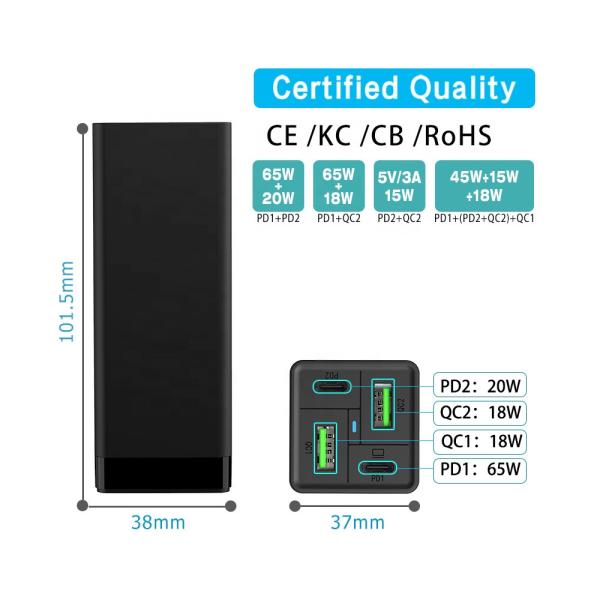 New Design 4 port fast Gan charger 65W Type-c PD Fast Charger for Samsung ROHS/KC/ETL Approved PD 20W for iPhone 12 PRO