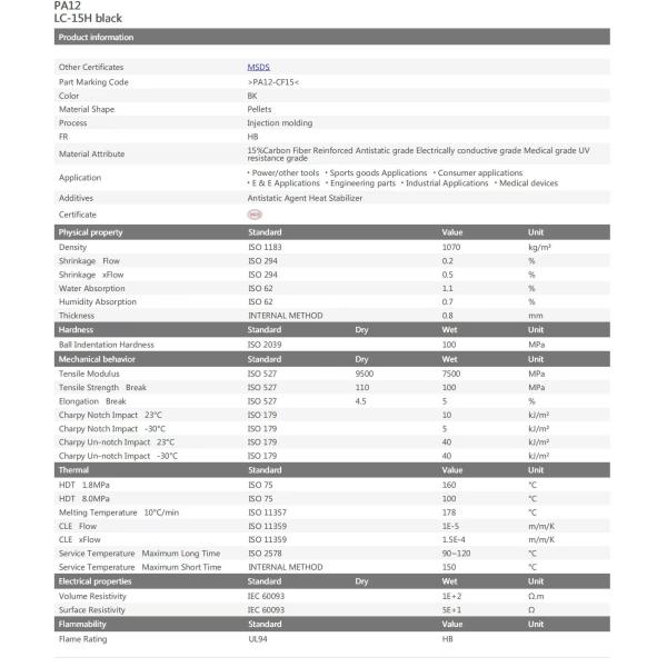 Anti Static Containing Polyamide PA12 UV Resistant PA12 Gf15 Thermal Stability