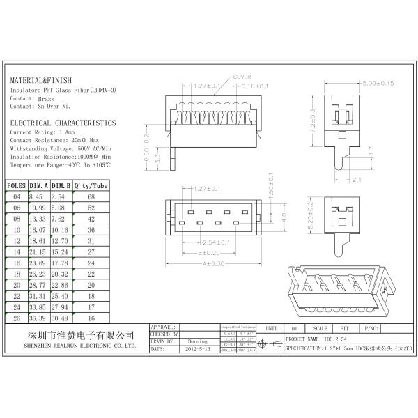 High Reliability Slotted IDC Connector 1.27mm Male Pin Header UL 94V 0 Insulator