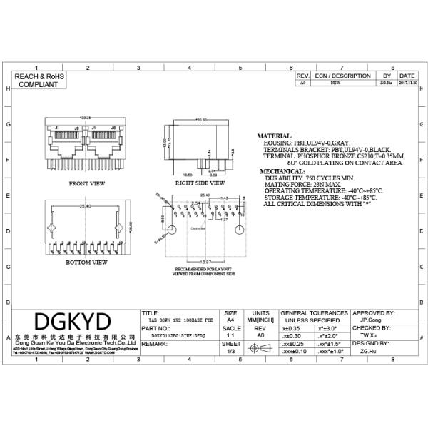 1x2 ganged dual port ethernet RJ45 PCB connector magnetic jack for Communication