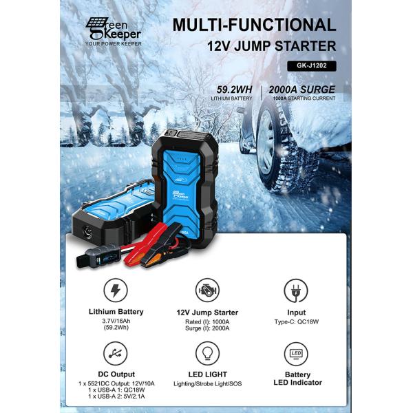 USB1 5V/3A 9V/2A 12V/1.5A USB2 5V/2.1A QC 18W Input Multifunction Jump Starter Power Bank