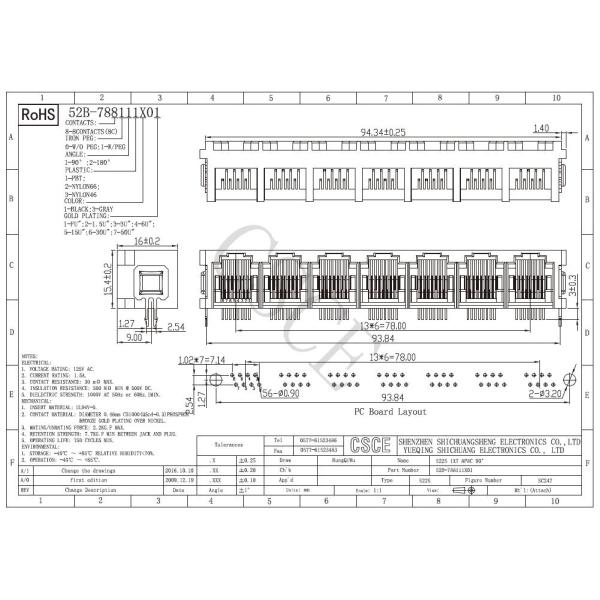 5225 Series 1 x 7 RJ45 Multi Connector , RJ45 PCB jack For PC Card / Switch / Router
