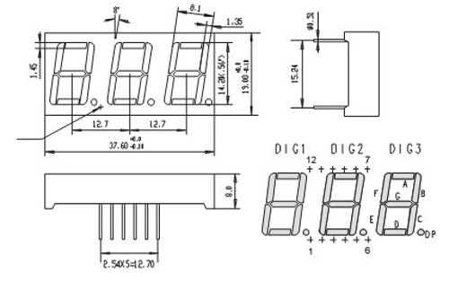37.6X19X8 Mm 3 Digit 7 Segment Led Display For Household Eletronics , 0.56 Inch