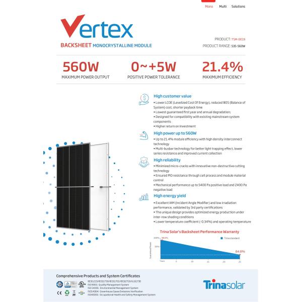 Mono PERC Vertex Trina Solar Tier 1 Pv Modules Monocrystalline Pv Cell 560W 580W