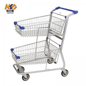Quality 180L 2 Tier Double Basket Metal Shopping Cart With Wheels Trolley For Retail Shop for sale