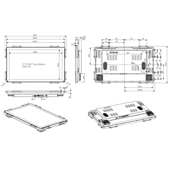 27 Inch 1000units PCAP Touch Monitor Screen 10 Points Waterproof DC 12v