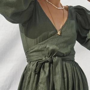 China Puff Sleeve Casual Long Dress Anti Wrinkle V Collar Asymmetric Plain Dyed on sale