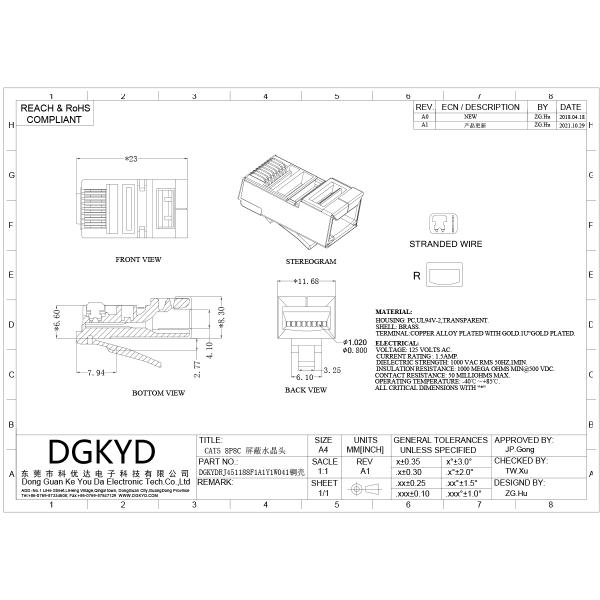 RJ45 8P8C Crystal Headband Shielded Copper Shell RJ45 Male Head DGKYDRJ451188F1A1Y1W041