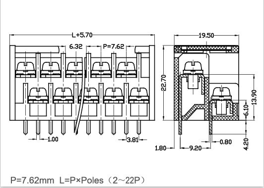 Double Level Barrier Terminal Block 7.62mm Pitch 300V 15A Black