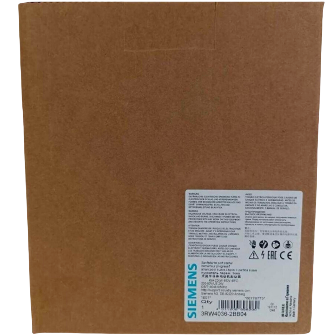 SIEMENS 3RW4036-2BB04 SIRIUS SOFT STARTER S2 45 A, 22 KW/400 V, 40 °C 200-480 V AC, 24 V AC/DC SPRING-TYPE TERMINALS