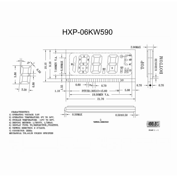 TN Positive Reflective Monochrome LCD Module Thermometer LCD