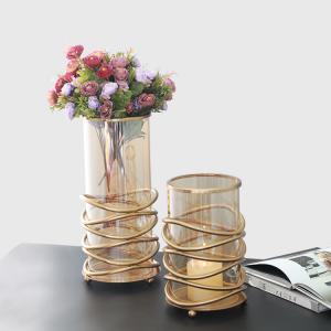 China Table wedding centerpieces decorative glass flower vase with metal holder base glass cylinder vase on sale