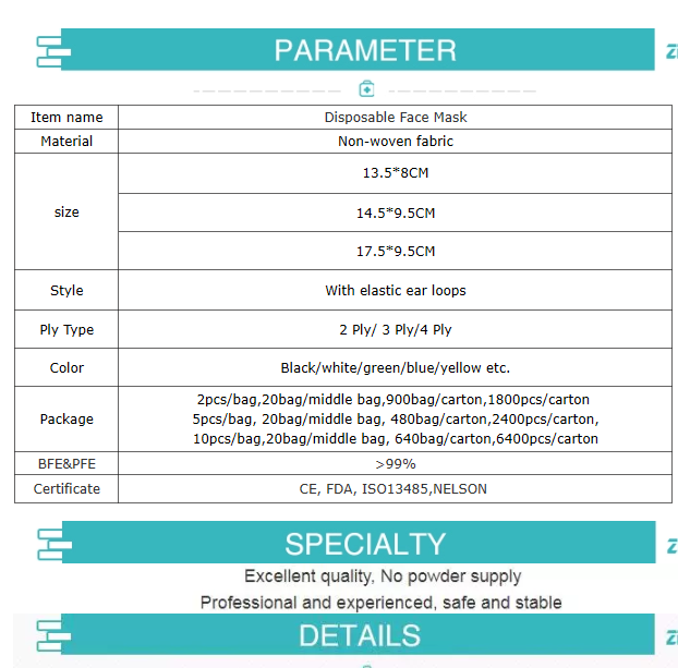 Non Sterilized BFE99 Meltblown Disposable Face Mask
