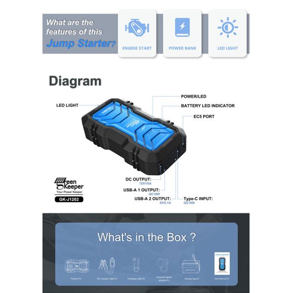 USB1 5V/3A 9V/2A 12V/1.5A USB2 5V/2.1A QC 18W Input Multifunction Jump Starter Power Bank