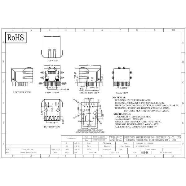 100Base-T 8P8C RJ45 Ethernet Connector With Transformer