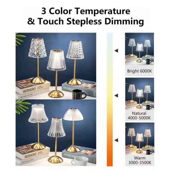 Crystal LED Table Lamp Type C Usb 5v Rechargeable Touch Three Color Dimming