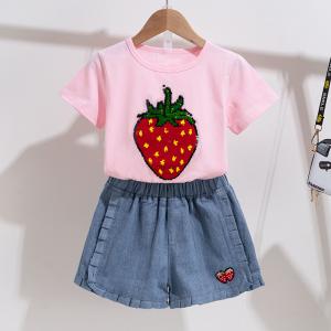 Quality White And Pink Strawberry Cotton Little Girls Clothes Girls Outfit Sets for sale