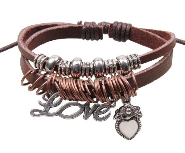 Buy Double strands LOVE charm leather bracelet, ringed beads genuine leather band at wholesale prices