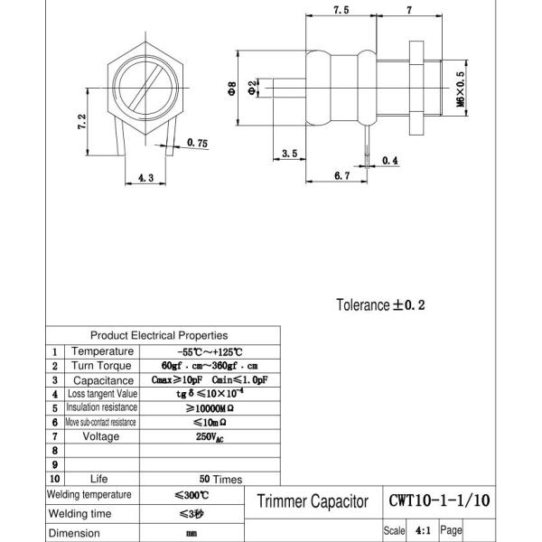 White ceramice with electroplating gold CWT10-1-1/10 Trimmer Capacitor 1-10pF 250VDC for FM turner variable capacitor