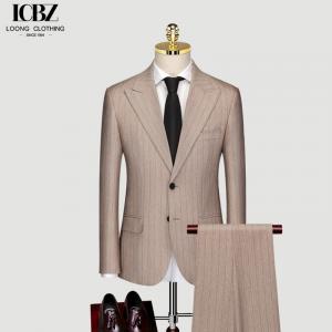 China Men's Business Casual Formal Suit Custom Brown Striped Slim Fit with Mandarin Collar on sale