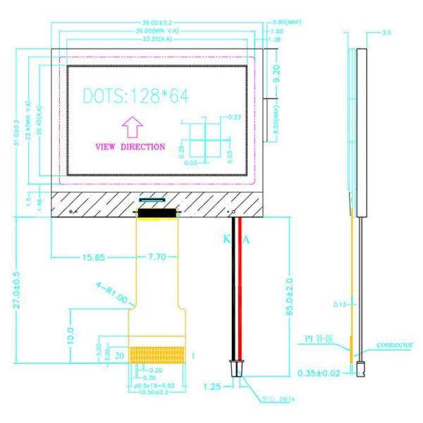 2.4 Inch LCD Display 350 Cd/M2 20 Pin LCD Screen 128X64 STN/Yellow-Green Mode