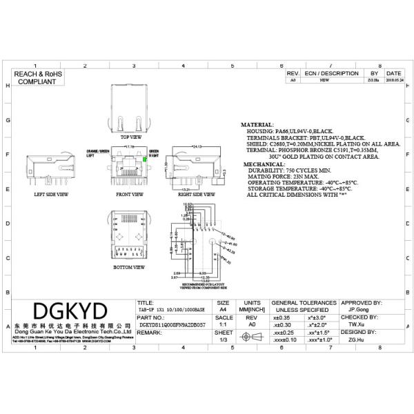 DGKYD811Q008FN9A2DB057 Gigabit Integrated Transformer Ethernet Filter With Light Strip Shielding DIP 12PIN Modular Jack