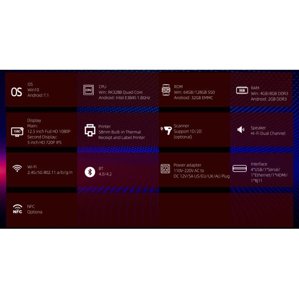 Android 11 12.5'' Capacitive TP HD Screen With 5''Screen And Built-in Thermal Printer