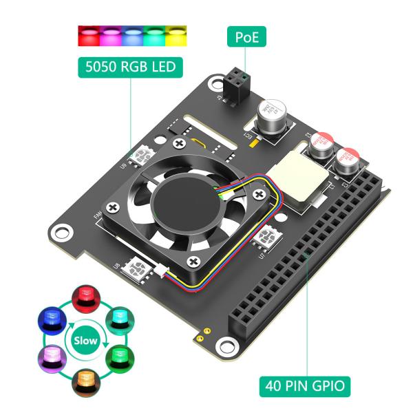 Raspberry Pi 5 PoE HAT with Cooling Fan and Automatic LED 5V 5A 25W IEEE 802.3af/at-Compliant