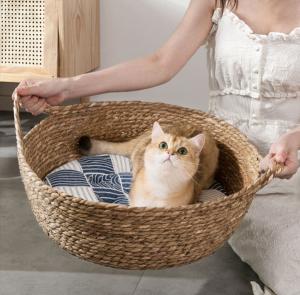China Natural Handmade Braided Cattail Bamboo Cat Bed With Soft Cushion on sale