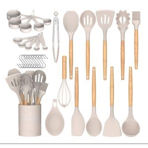 Quality White Silicone Utensils With Wooden Handles Rustproof Scaldingproof for sale