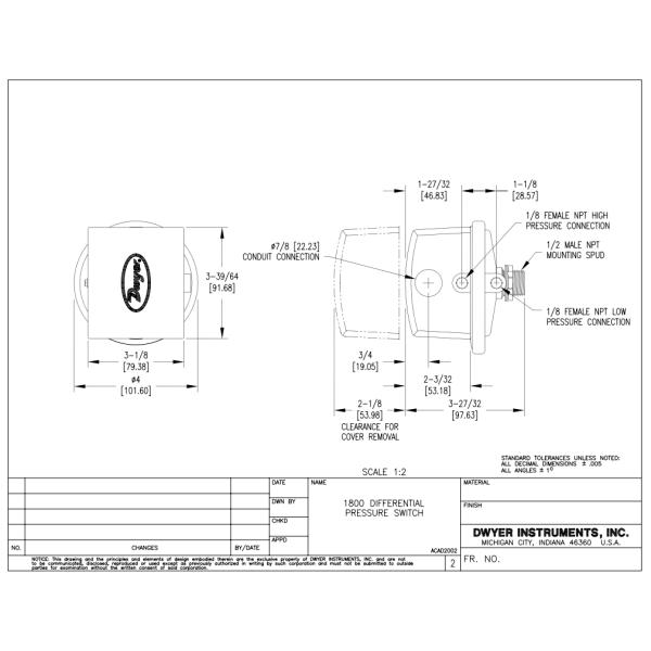 Dwyer Low Differential Pressure Switch 10 Psig 15A SPDT 60Hz 15A
