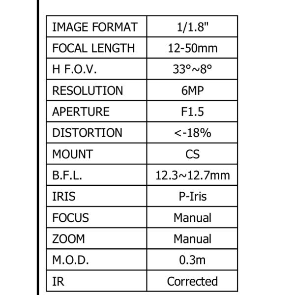 12-50mm,6 Megapixel P iris CS mount Lenses,CCTV Lens, 1/1.8" well match HIKVISION 8MP Box camera